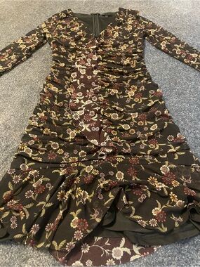 Guess y2k 90’s Floral Flare Ruched Long-Sleeve Women's Dress - Black Floral